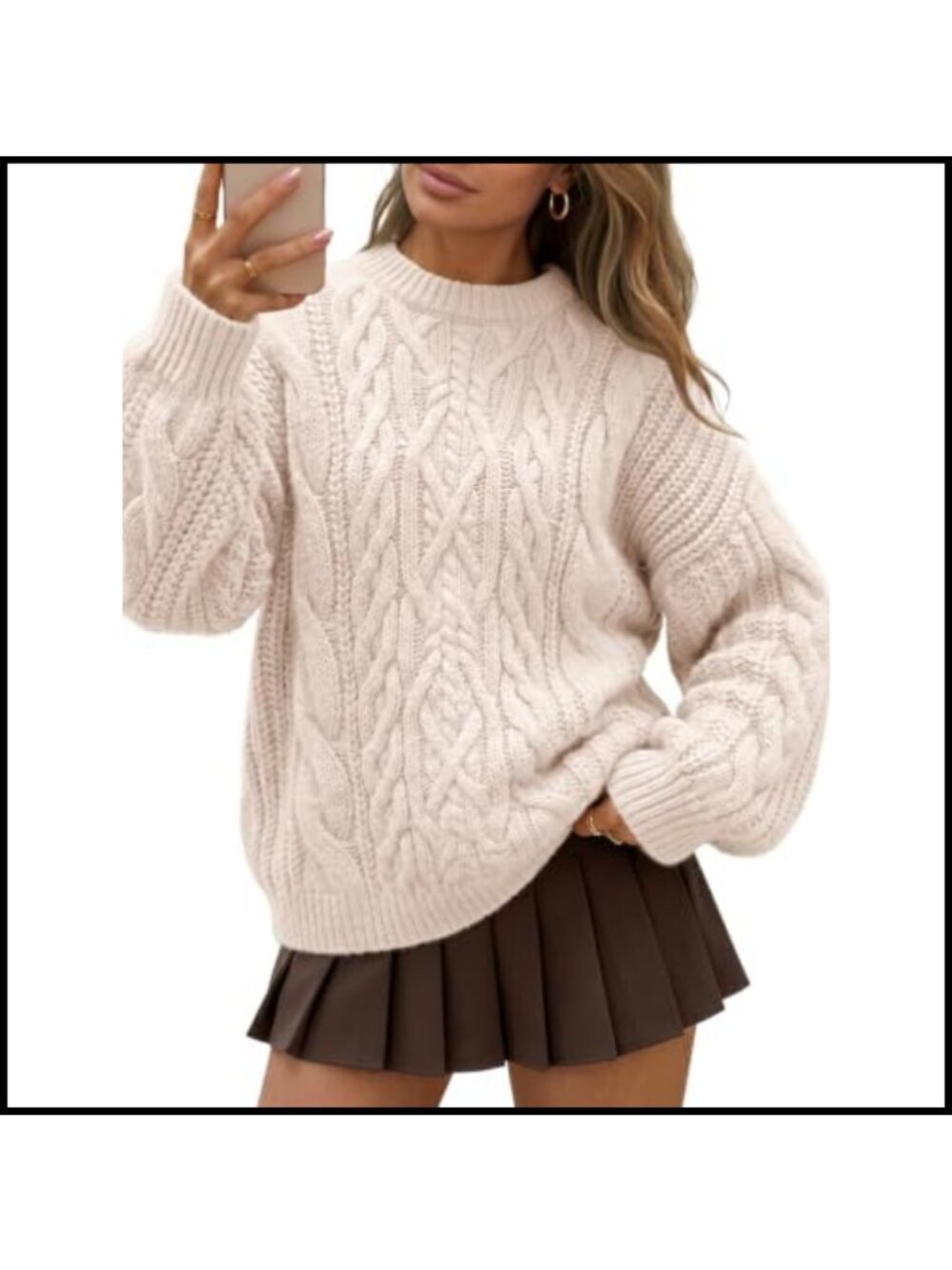 Oversized Cable Knit Chunky Pullover Sweater Long Sleeve Crew Neck